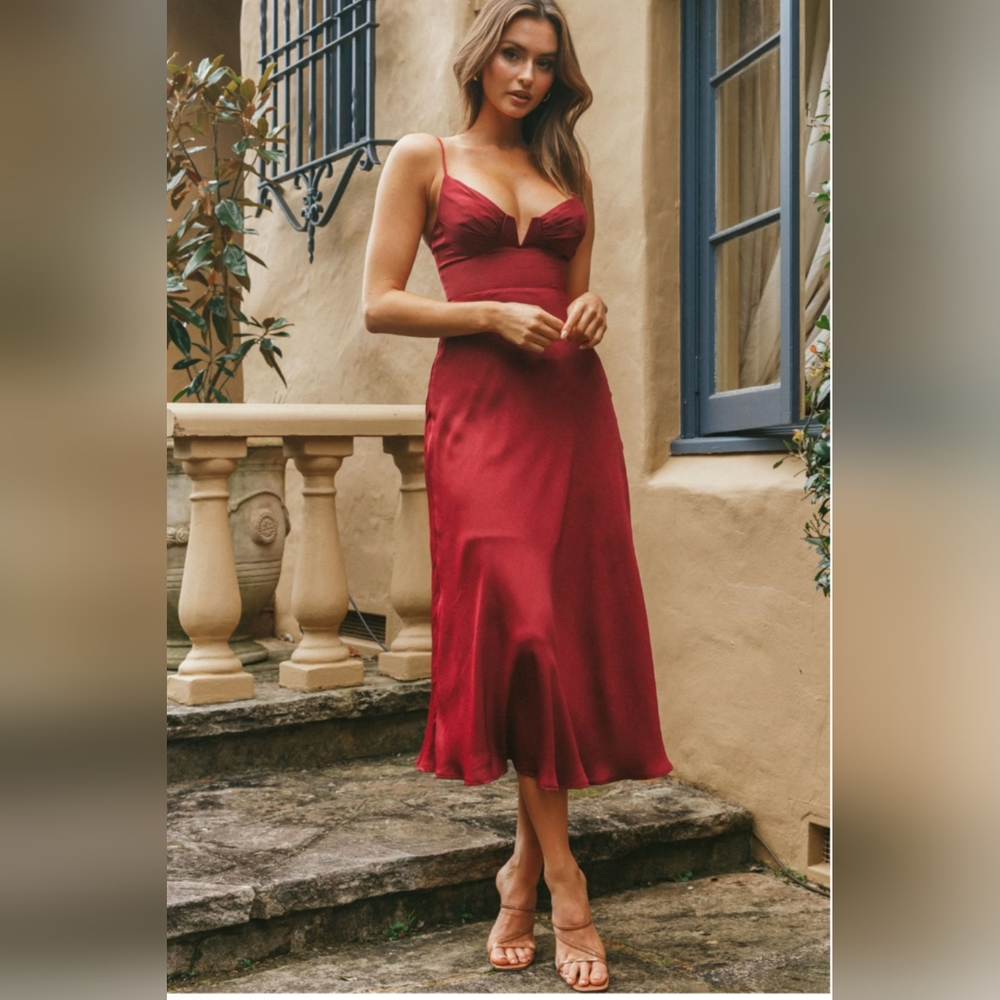 Red satin formal midi dress